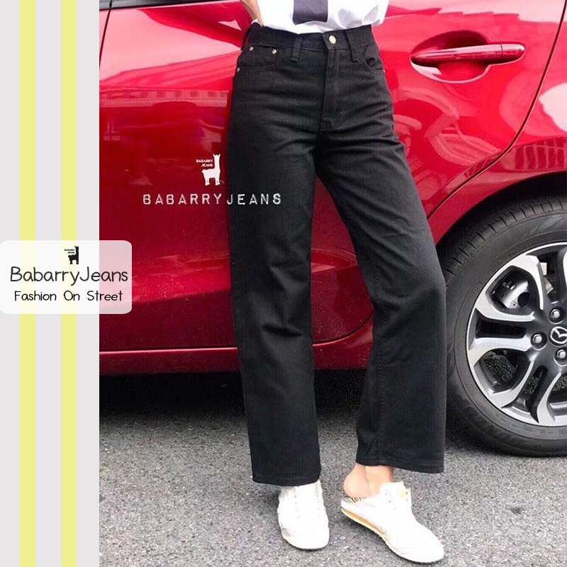 BabarryJeans ยีนส์ทรงกระบอกวินเทจ เอวสูง รุ่นคลาสสิค สีดำซุปเปอร์แบล็ค