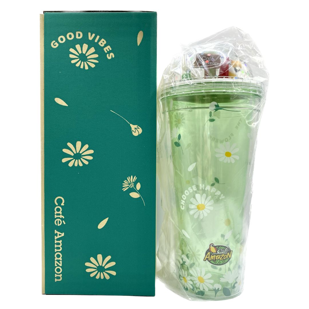 แก้วอเมซอน Cafe Amazon Glitter Flakes Tumbler 22 Oz. แก้วพลาสติก2ชั้น ลายทุ่งดอกไม้หลากสี คาเฟ่อ