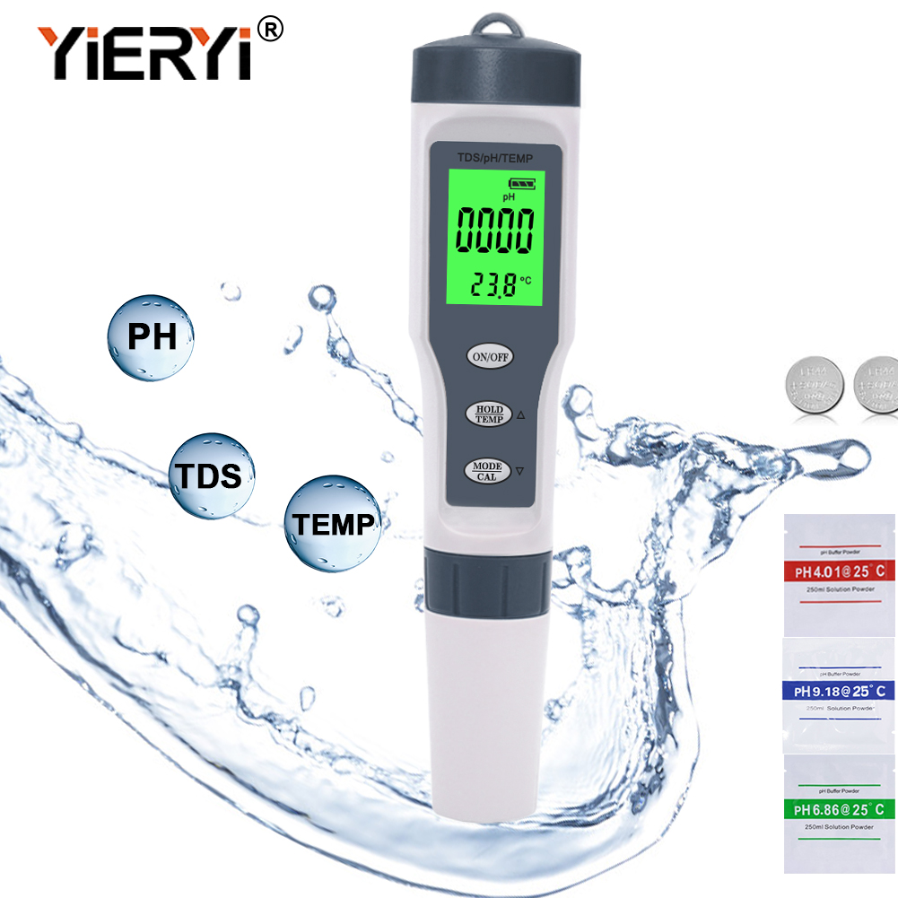 Yieryi 3 in 1 ทดสอบ TDS/PH/TEMP คุณภาพน้ำตรวจสอบ TDS Tester Kit สำหรับสระว่ายน้ำดื่มน้ำ aciometer สี สีเทาพร้อม Backlight