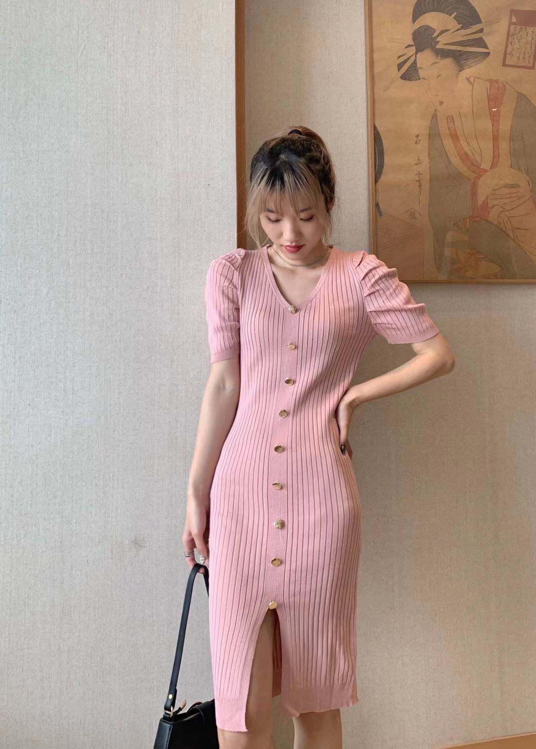 เดรสไหมพรม คอวี ผ่าหน้า แต่งกระดุม - kk-07fashion - ThaiPick