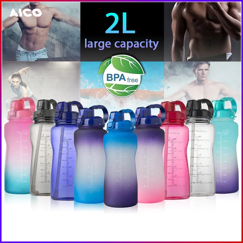 AICO ขวดน้ํา 2 ลิตร ขวดน้ำพลาสติก ขวดน้ำ สไตล์สปอร์ต  ขวดน้ำมีฝา พร้อมหลอด ปลอดสาร BPA แบบหูหิ้ว 