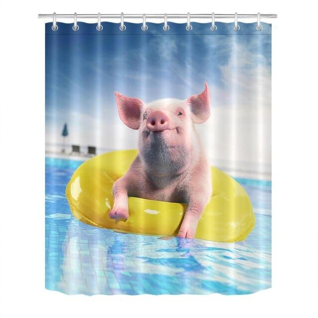 3d Blue Sea Diving Cute Pig Fabric, Pig Shower Curtain