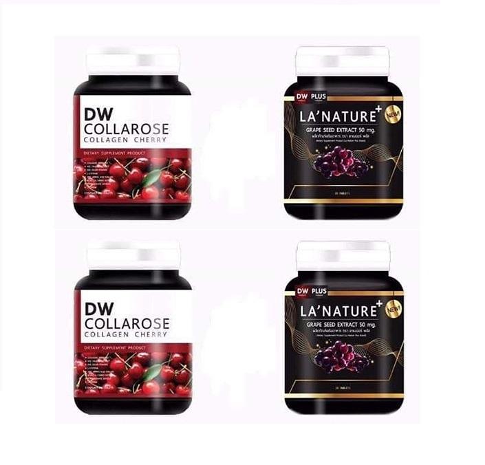 (อย่างละ 2 กระปุก รวม 4 กระปุก) เซ็ตคู่ ผิวขาวใส DW collarose collagen cherry คอลลาเจนผิวสวยใส บรรจุ 60 แคปซูล + Lanature Grape Seed สารสกัดเมล็ดองุ่น บรรจุ 30 เม็ด