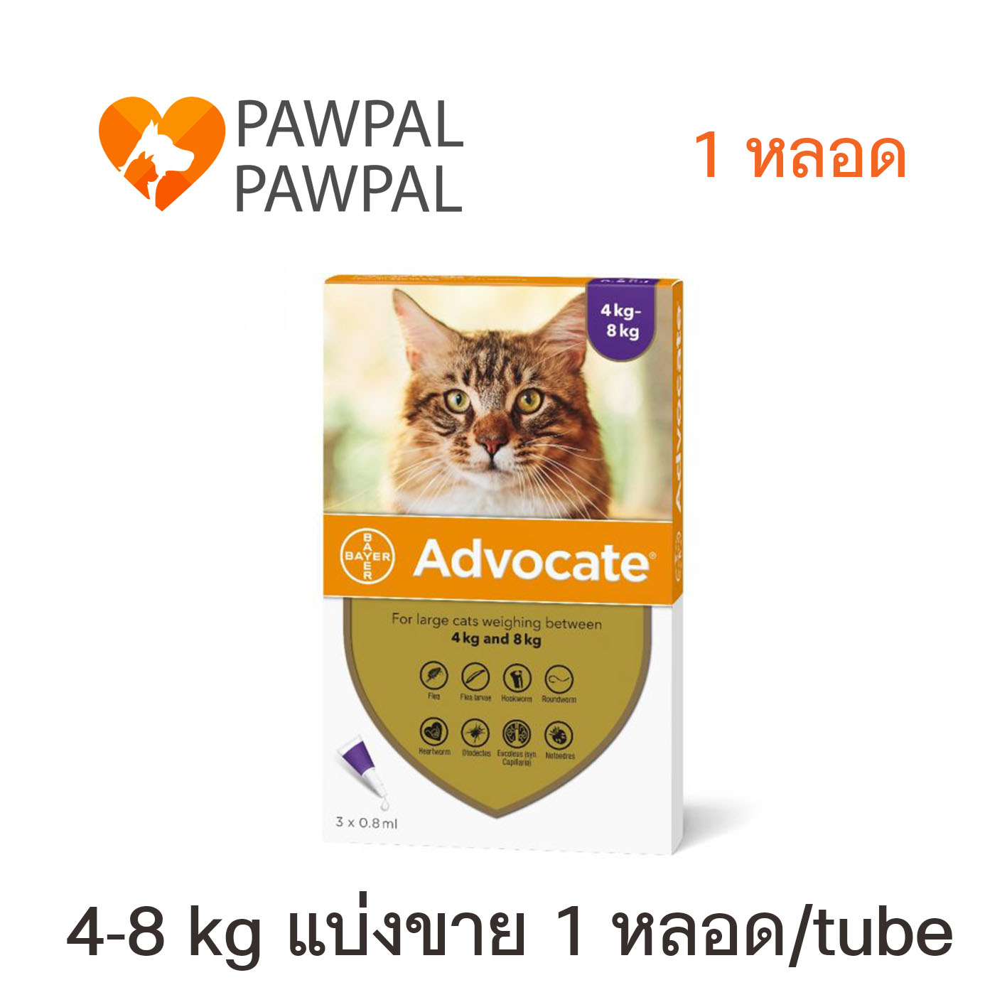 Advocate Bayer แมว 4-8 kg Exp.4/2022 แอดโวเคท แมว หยดหลังคอ หยอดหลัง สีม่วง Spot on Solution cat (แบ่งขาย 1 หลอด/tube)
