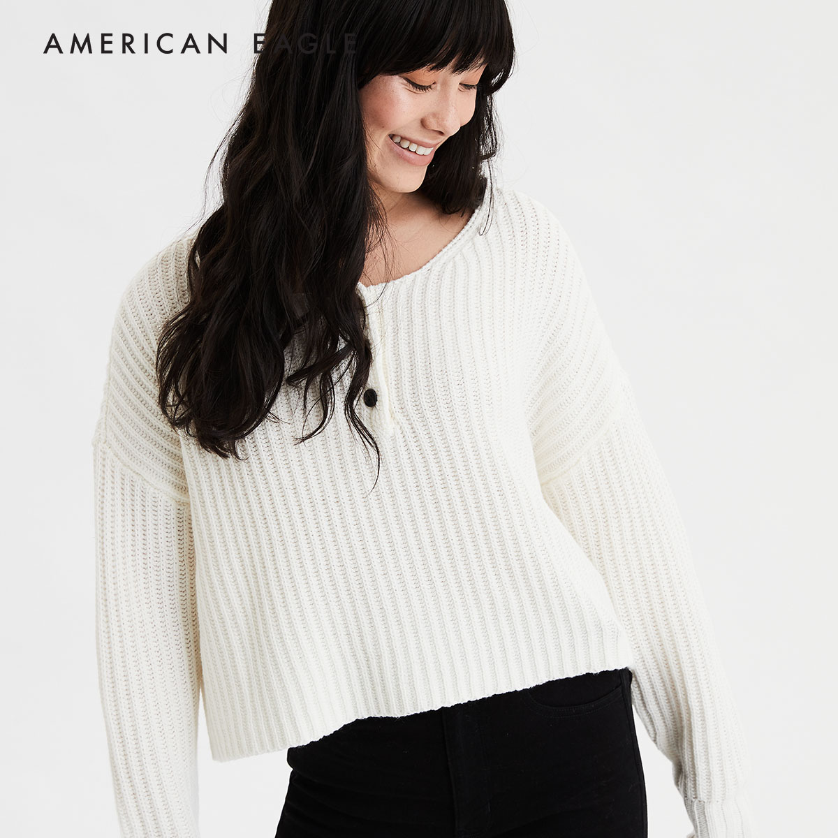 American Eagle Cropped Henley Sweater เสื้อ สเวตเตอร์ ผู้หญิง ครอป(034-8649-106)