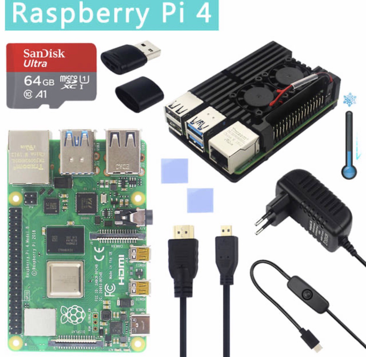 [พร้อมส่ง] Raspberry Pi 4 Model B (4GB) เซตพร้อมพัดลมระบายอากาศ+ SD Card 128 GB+Power Adapter + HDMI Cable for RPI 4