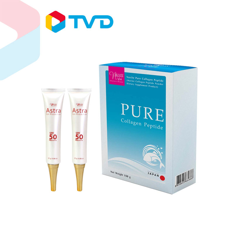 TV Direct Nuvite Astra Sunscreen Protection SPF 50 PA++++ ผลิตภัณฑ์ครีมป้องกันแสงแดด พร้อมบำรุงผิวหน้า 2 หลอด และ Nuvite Pure Collagen Peptide Granule คอลลาเจนจากปลาทะเล 100% 1 กล่อง