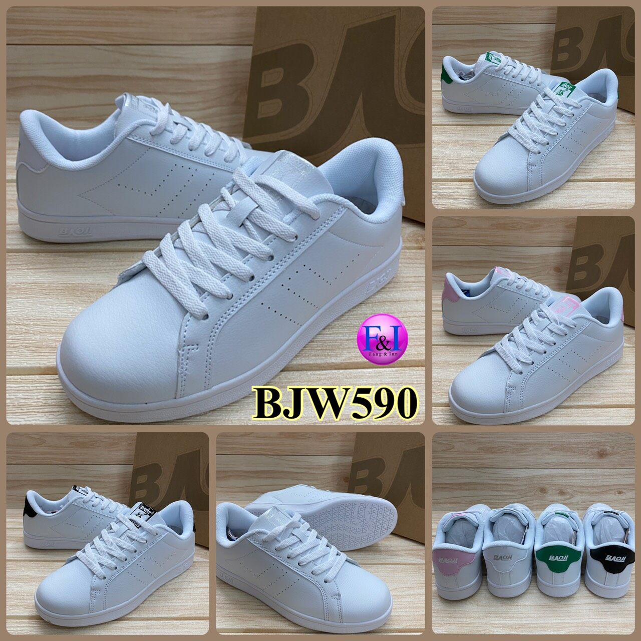 Baoji BJW 590 รองเท้าสนิกเกอร์ (37-41) สีขาวดำ/ขาวชมพู/ขาวเขียว/ขาวเงิน