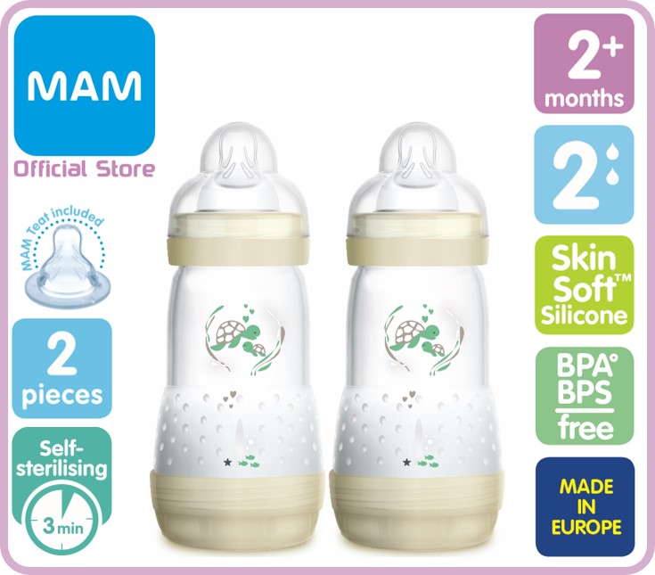 MAM ขวดนม ป้องกันโคลิค Anti-Colic Bottle 9 ออนซ์ (260ml) จุกเบอร์ 2 (แพ็ค 2 ขวด) มี 3 สี