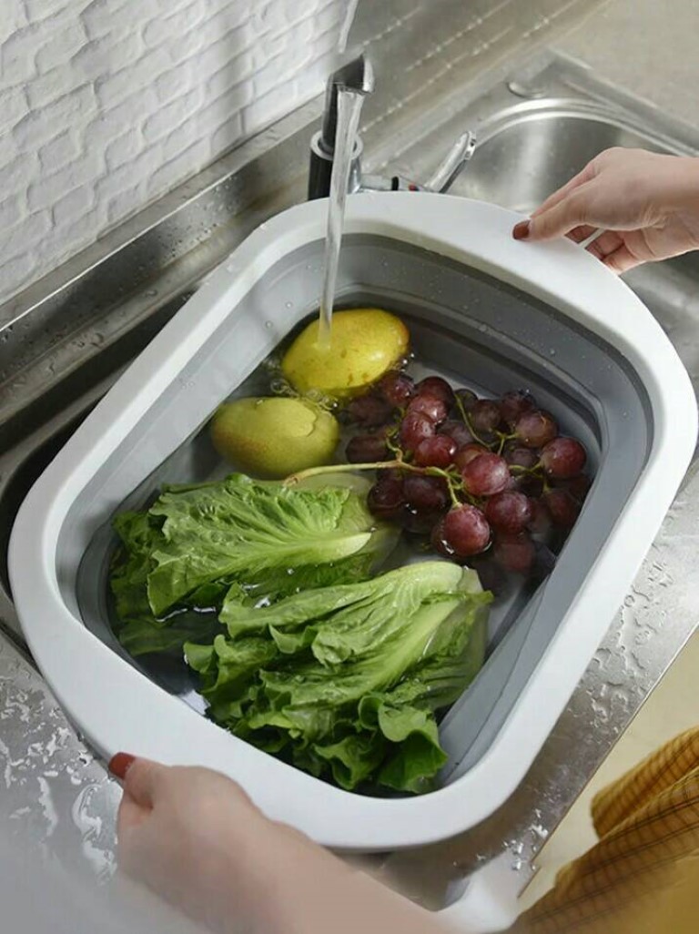 เซ็ตเขียงและกะละมังล้างผักผลไม้ 2in1 เขียง กะละมังล้างผัก กะละมังพับได้ Cutting Board and Food Container
