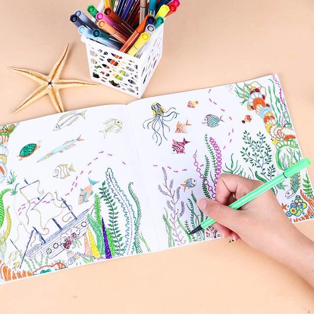 1 Pc 24 Pages Lost Ocean Inky Adventure Coloring Book For Children Adult Relieve Stress Kill Time Painting Drawing Art Book -HE DAO