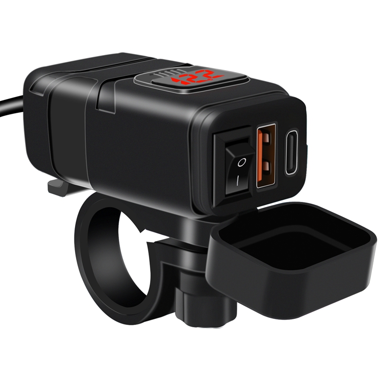 Powstation QC3.0 Motorcycle USB+Type-C Charger Waterproof Cell Quick Charger Autocycle USB Socket with Voltmeter