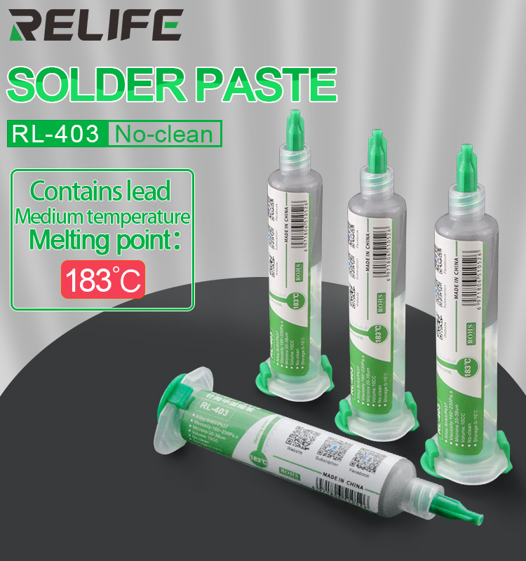 ตะกั่วเหลว RELIFE RL-403 Solder paste รุ่น RL-403 ตะกั่วเหลว จุดหลอมเหลวต่ำ 183 องศาเซลเซียส เหมาะสำหรับงานรีบอล ทำขาชีพ ไอซี ส่วนผสม Sn63/Pb37