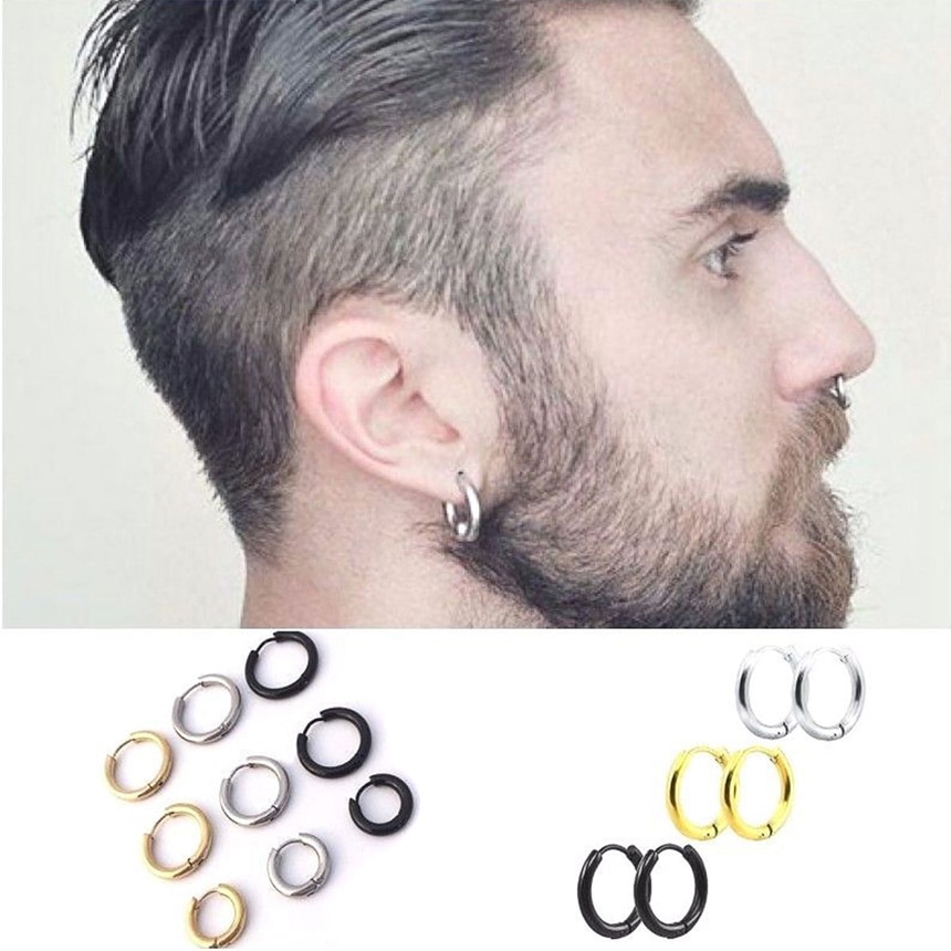 ต่างหู ตุ้มหู ผู้หญิง ผู้ชาย Earrings Stainless Steel Round Circle Hoop Earrings For Women Men Jewelry Black/Silver/Gold  - 1 ข้าง
