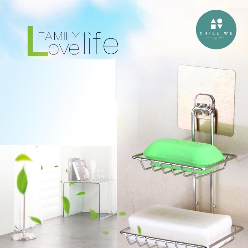 Stainless Steel Soap Dish ที่วางสบุ่สอตนเลส ห้องอาบน้ำ ห้องน้ำ สามารถเก็บได้ ระบายน้ำ ติดตั้งที่หลีกเลี่ยงการเจาะรู Holder For Home Kitchen Bathroom Durable Self Adhesive
