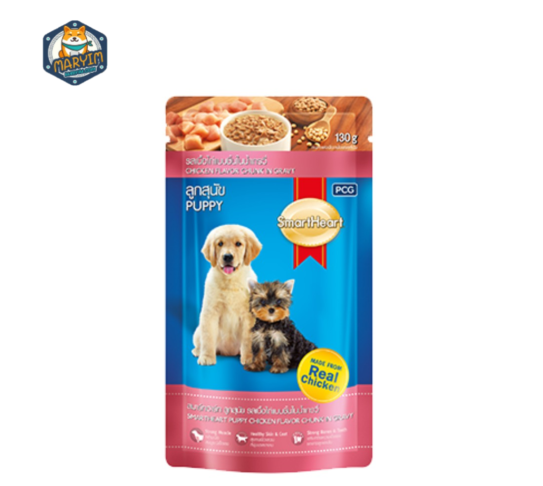 (1 ซอง)Smartheartอาหารแบบเปียก ลูกสุนัขเนื้อไก่ในน้ำเกรวี่ ชนิดซอง120-130x3gช่วยในระบบย่อยอาหารสำหรับสุนัขโต