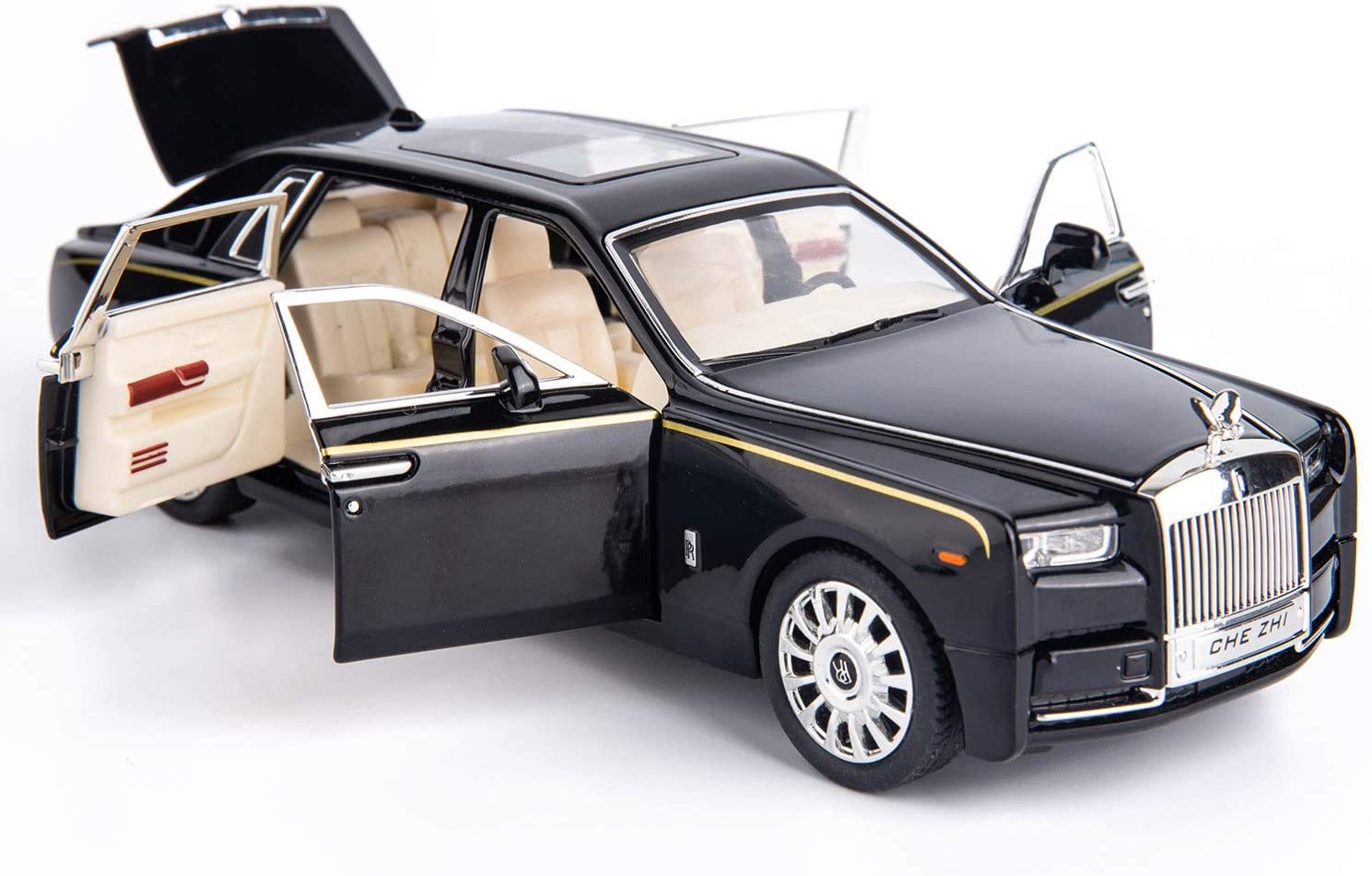 1/24 Rolls-Royce Phantom Model Car, สังกะสีอัลลอยด์ดึงกลับรถของเล่น, พร้อมเสียงและแสง, เหมาะสำหรับเด็กของขวัญเด็กชายและเด็กหญิง (สีดำ)