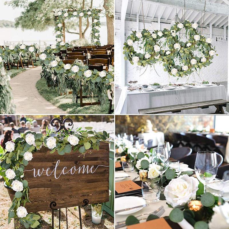 Eucalyptus Garland (8 Pcs White Roses Among Eucalyptus Leaves), Flower Garland for Wedding Arch Backdrop Decor, Table Runner, Banquet, Home Decor, Hanging Vine Rose Decoration