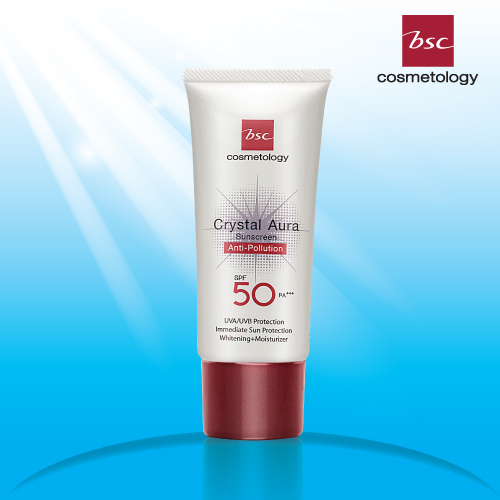 BSC CRYSTAL AURA SUNSCREEN SPF 50 PA+++ ANTI-POLLUTION 25 กรัม ครีมกันแดด best seller จาก BSC ป้องกันรังสี UVA1 UVA2 เทคโนโลยีใหม่ล่าสุด ของ BSC ให้กันแดด ดียิ่งขึ้น ซึมเร็วเบาบาง ครีม กัน แดด