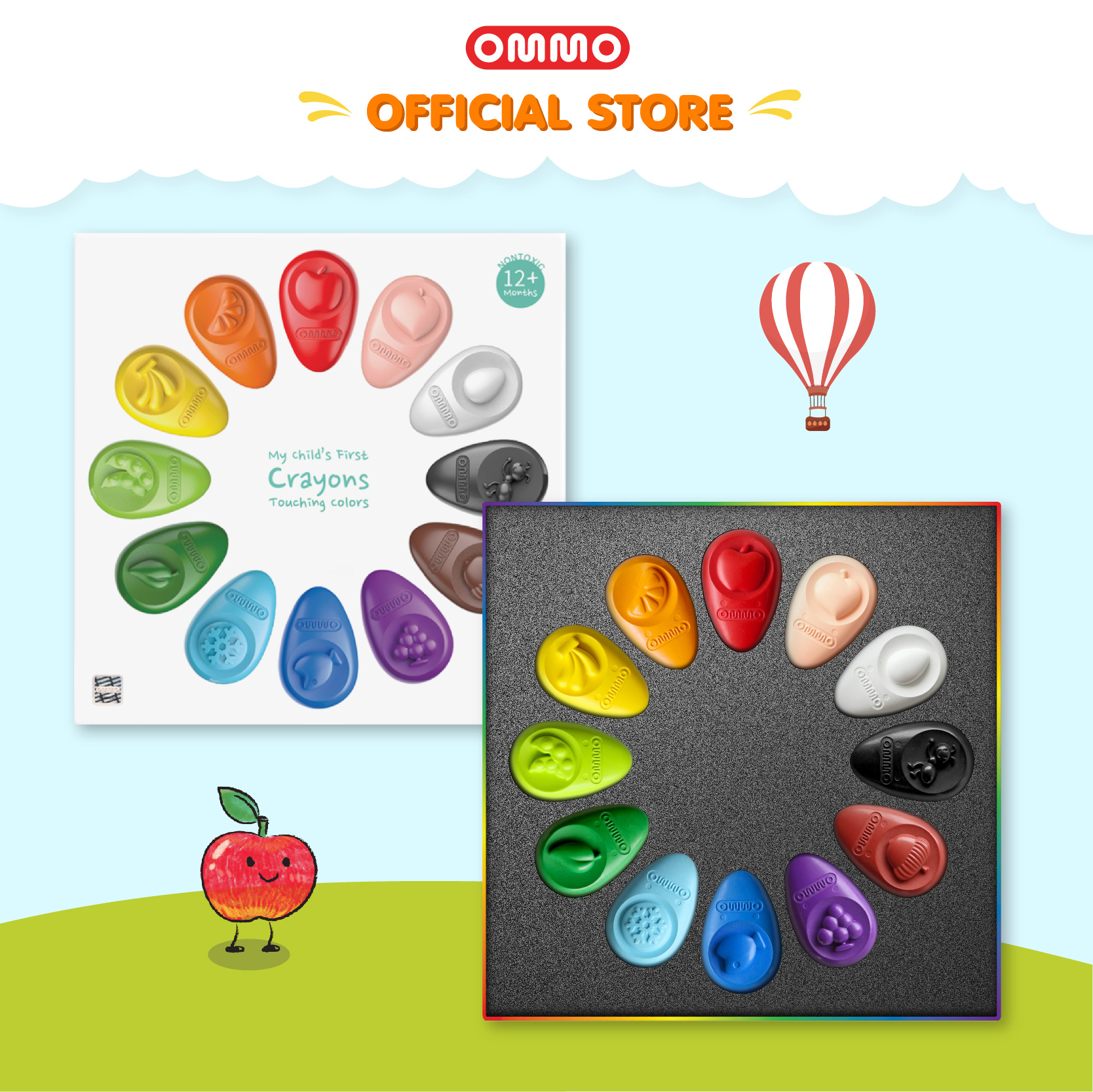OMMO Baby Crayon 12 Color Set โอโม่ สีเทียนปลอดสารพิษ สำหรับเด็กเล็ก ชุด 12 สี