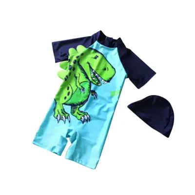 SYD 2 Pcs/set Boys Kids Cartoon Dinosaur Printing Swimsuit Muslimah Swimwear with Cap