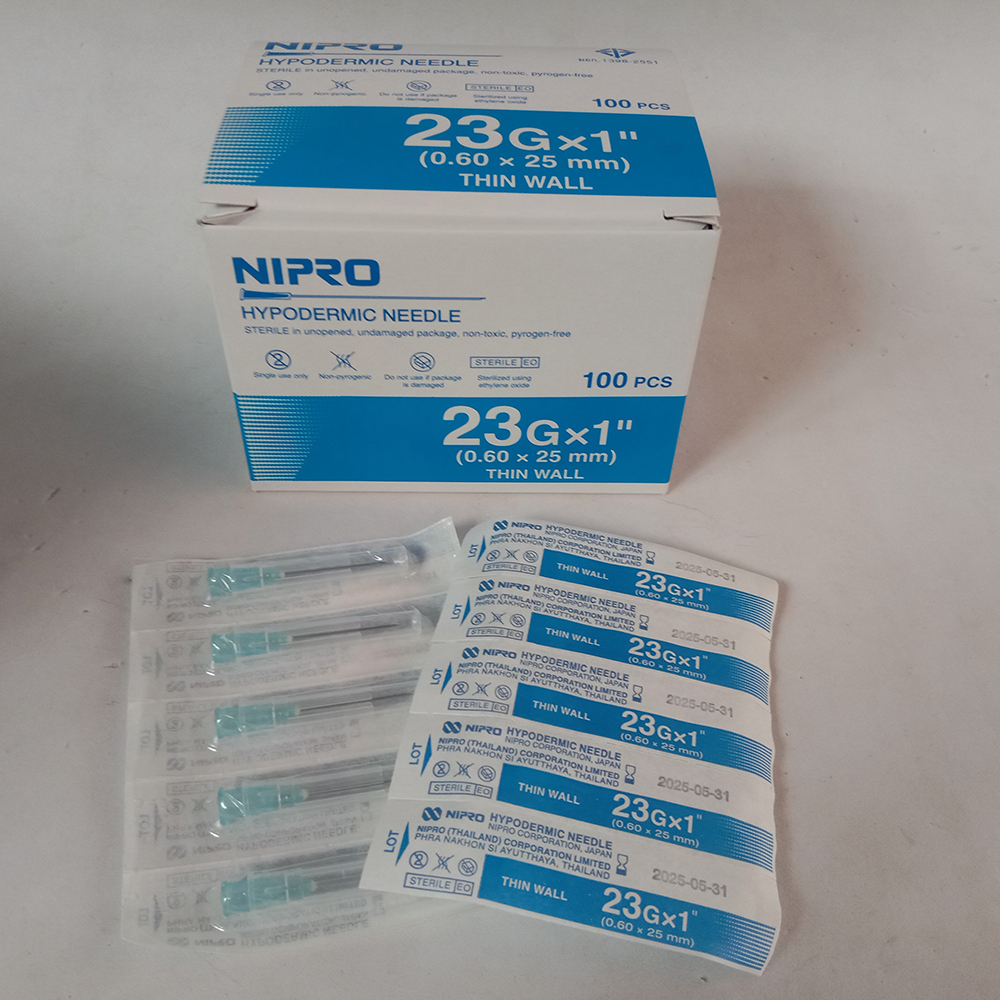 เข็มฉีดยา เบอร์ 23 g x 1 นิ้ว (0.6 x 25 mm) 1 กล่อง (100 ชิ้น)  NIPRO HYPODERMIC NEEDLE THIN WALL สำหรับฉีดยา วัคซีน น้ำเกลือ ใต้ผิวหนัง ใช้ได้ทั้งคน สัตว์เลี้ยง สุนัข แมว