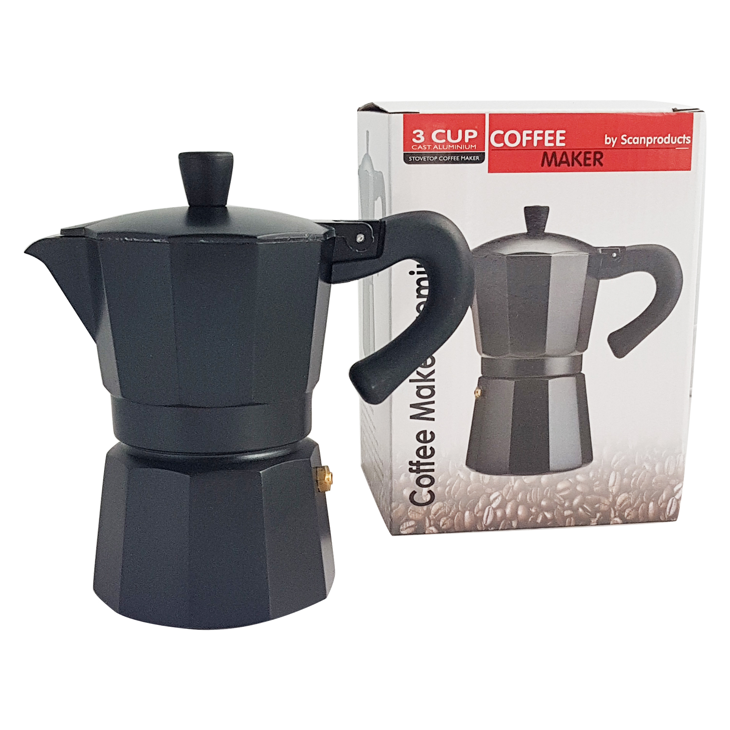 หม้อต้มกาแฟสด เอสเพรสโซ่ ขนาด 3 ถ้วย หรือ150ml. By Scanproducts Moka Pot 3cup Premium Aluminum-Black