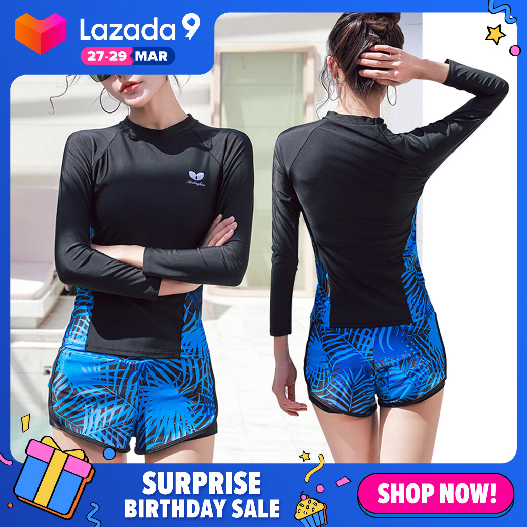 ชุดว่ายน้ำแขนยาวผู้หญิงกางเกงขาสั้นสีน้ำเงินกางเกงสองชิ้นเก๋ ๆ และชุดว่ายน้ำสีดำสวย L XL XXL เกรดพรีเมียม กันUV เสื้อแขนยาว
