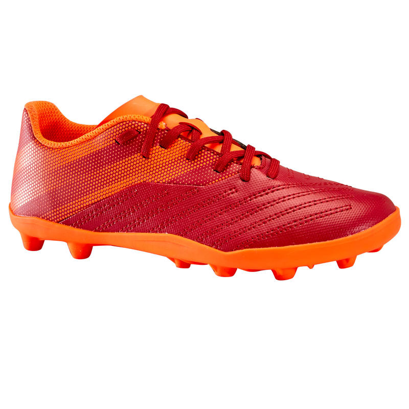 รองเท้าฟุตบอลเด็กแบบผูกเชือกสำหรับใส่เล่นบนพื้นสนามแน่นรุ่น Agility 140 FG (สีม่วงแดง/ส้ม) Decathlon
