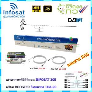 เสาอากาศทีวีดิจิตอล INFOSAT 30E + BOOSTER ไทยแซท TDA-20 พร้อมสาย rg6 (10m.f-tv)+(20m.f-f)