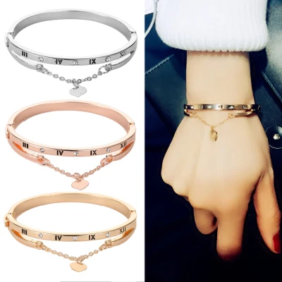 SIMA Charm Women Jewelry Rose Gold Heart Dangle Bracelet Roma Letter Cuff Bangles Stainless Steel
