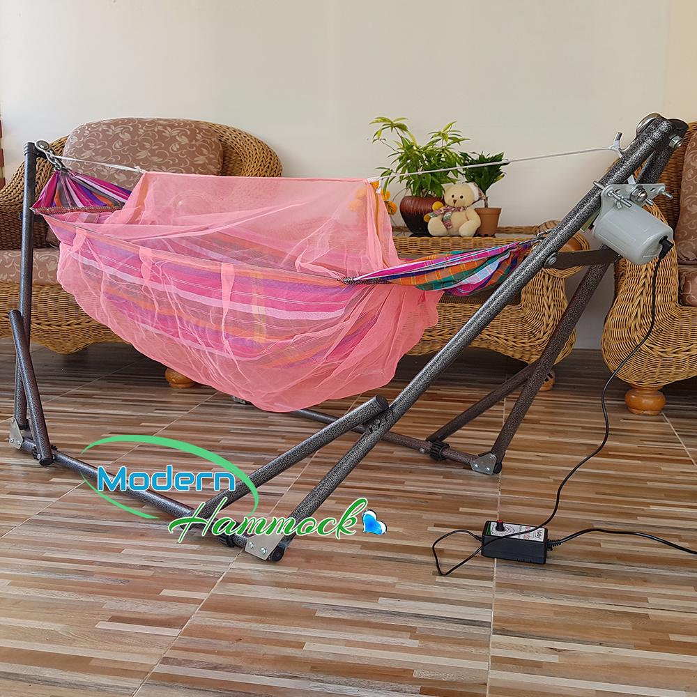 Auto Hammock เปลนอนเด็กไกวอัตโนมัติแบบพับได้ขนาดกลาง(M)สไตล์ผ้าเปลผ้าขาวม้ามีมุ้งโทนสีส้ม