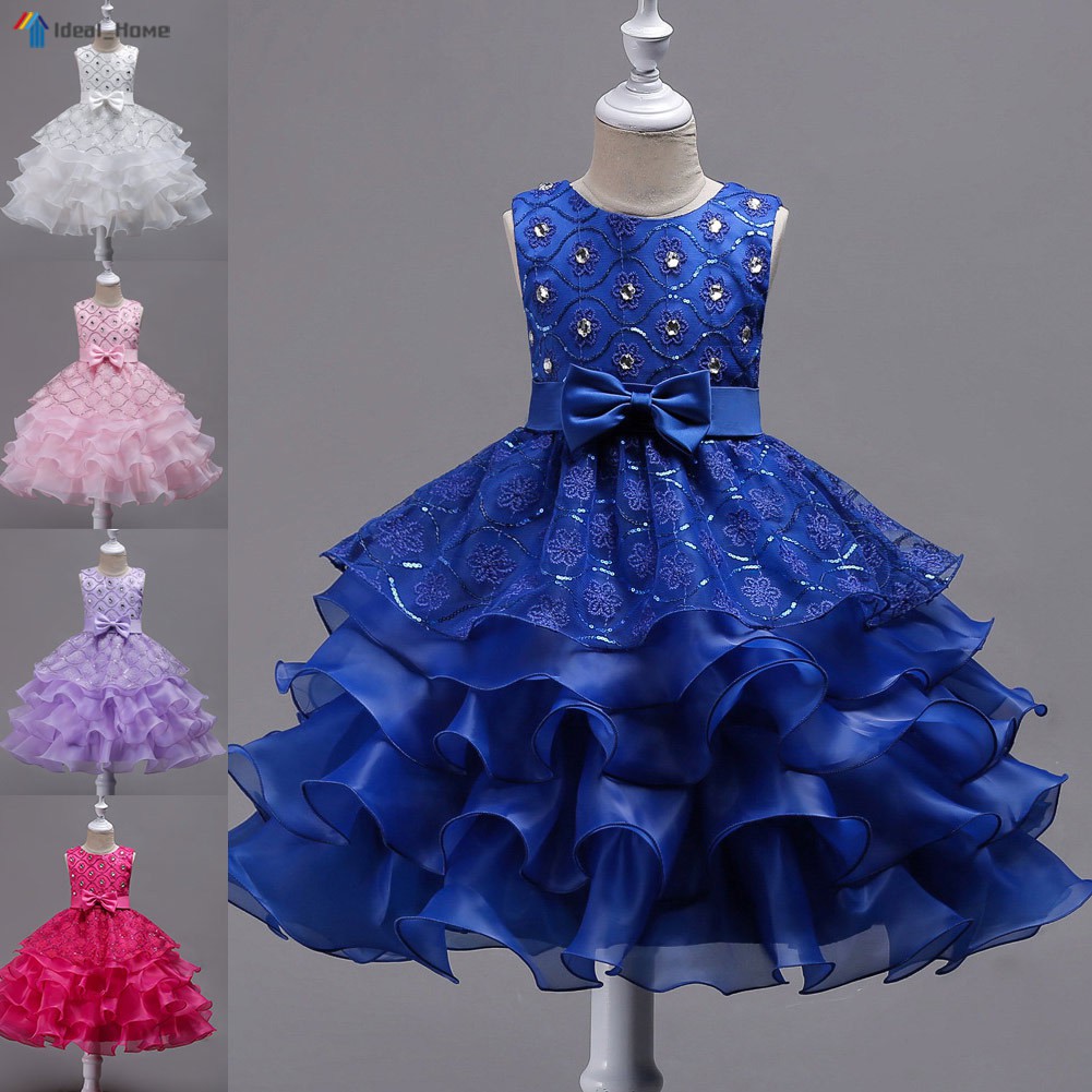 Kids Girls Formal Dress Ruffled Hem Bowknot Round Neck Sleeveless Princess Dress