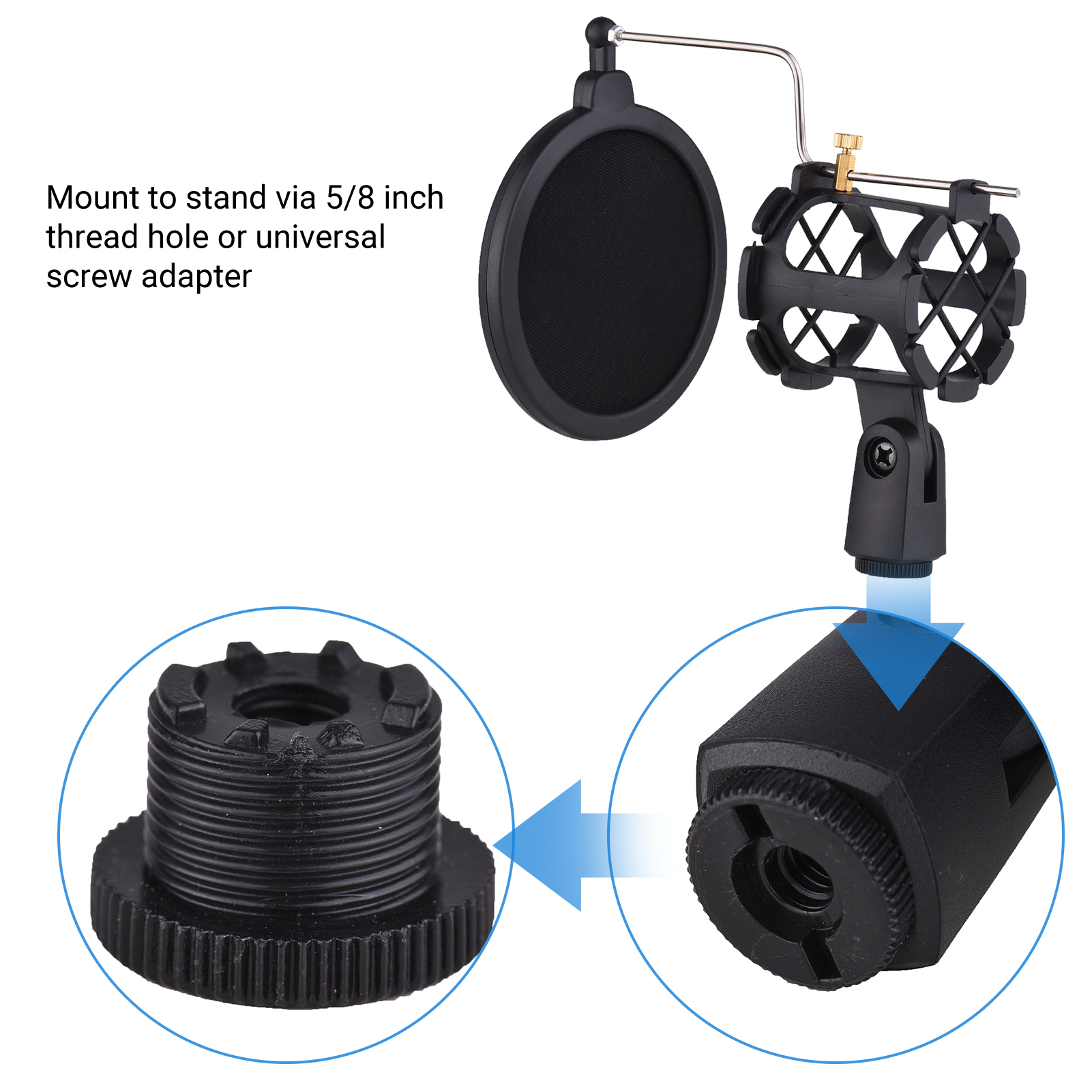 Plastic Microphone Shock Mount Anti-vibration Mic Holder Stand with Pop Filter Universal Screw Adapter for Diameter 2cm-4cm Thin Condenser Microphone
