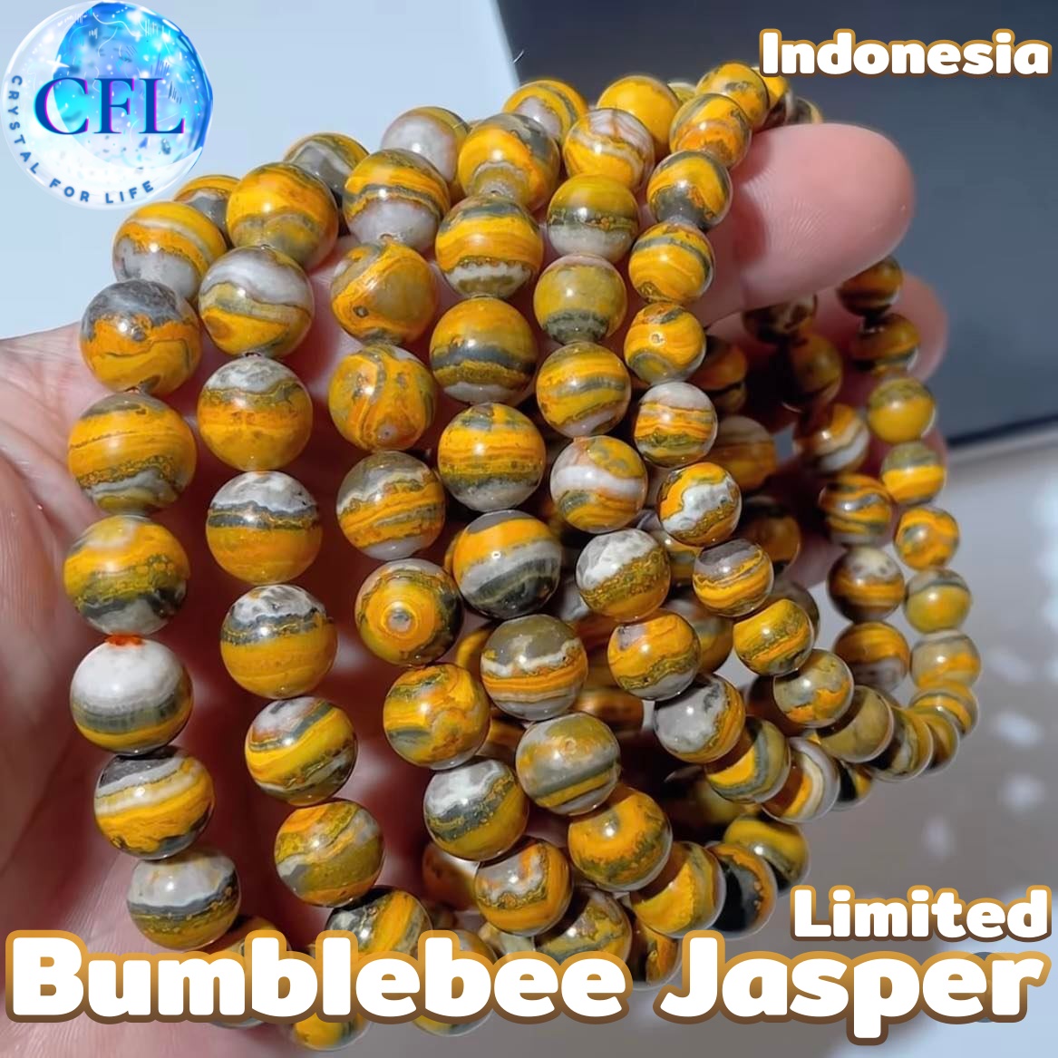 Bumblebee Jasper กำไลหินแท้บัมเบิ้ลบีแจสเปอร์ สีเหลือง ขนาดเม็ดหิน(8-10 ...