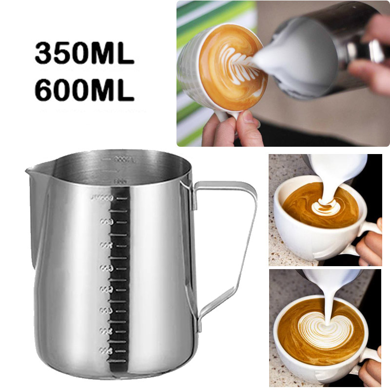 เหยือกตีฟองนม ถ้วยตวงนม แก้วพิชเชอร์ เหยือกตีฟองนม แบบสแตนเลส304 สำหรับชงกาแฟ สีเงิน 350ml/600ml coffee cup