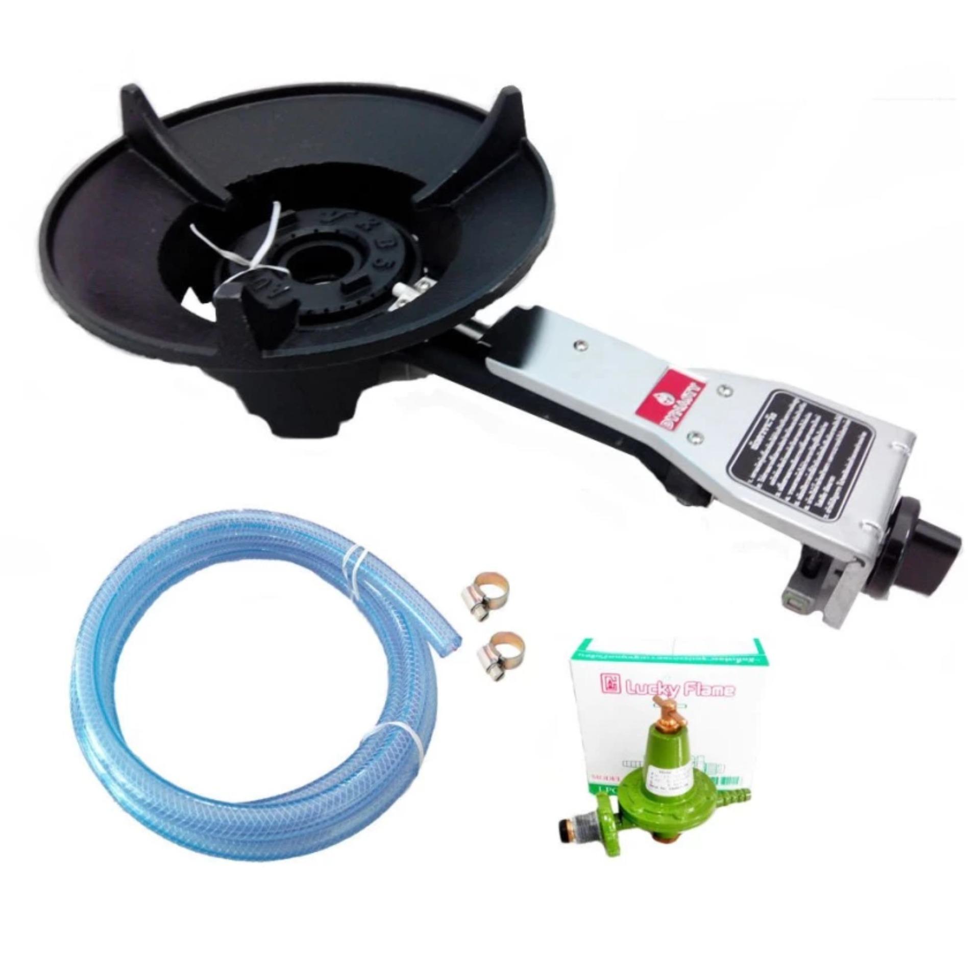okDshopชุดเตาแก๊สแรงดันสูง กึ่งอัตโนมัติ KB5 + Lucky flame หัวปรับแก๊สแรงดันสูง L-323 และสายแก๊ส 1.5 เมตร