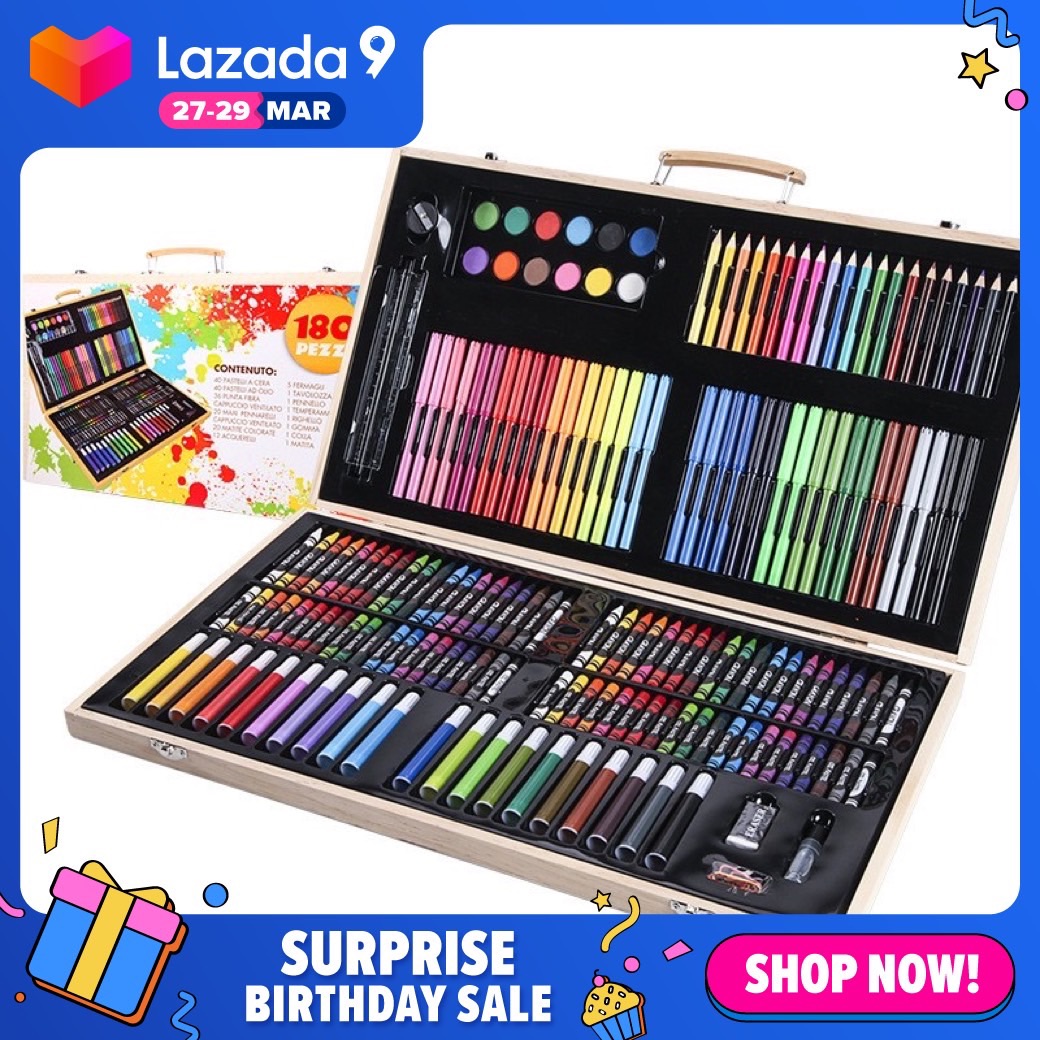 พาเลทชุดอุปกรณ์ระบายสี New wooden box 180-piece watercolor pen set  children's color pen set art painting set training class gift