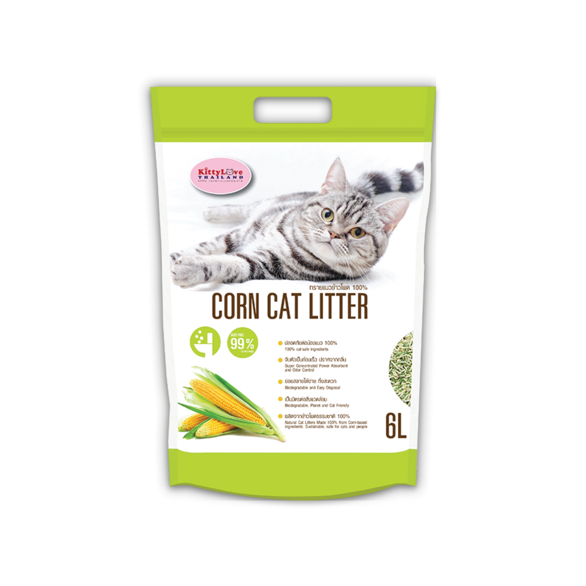 ทรายแมว Corn Cat Litter ขนาด 6L. ทรายข้าวโพด ย่อยสลายได้ดี ไร้ฝุ่น 99