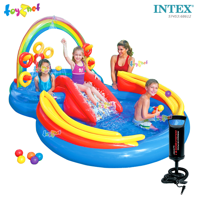 Intex ส่งฟรี สระน้ำ เป่าลม สวนน้ำสไลเดอร์ สายรุ้ง 2.97x1.93x1.35 ม. รุ่น 57453 + ที่สูบลมดับเบิ้ลควิ๊ก วัน