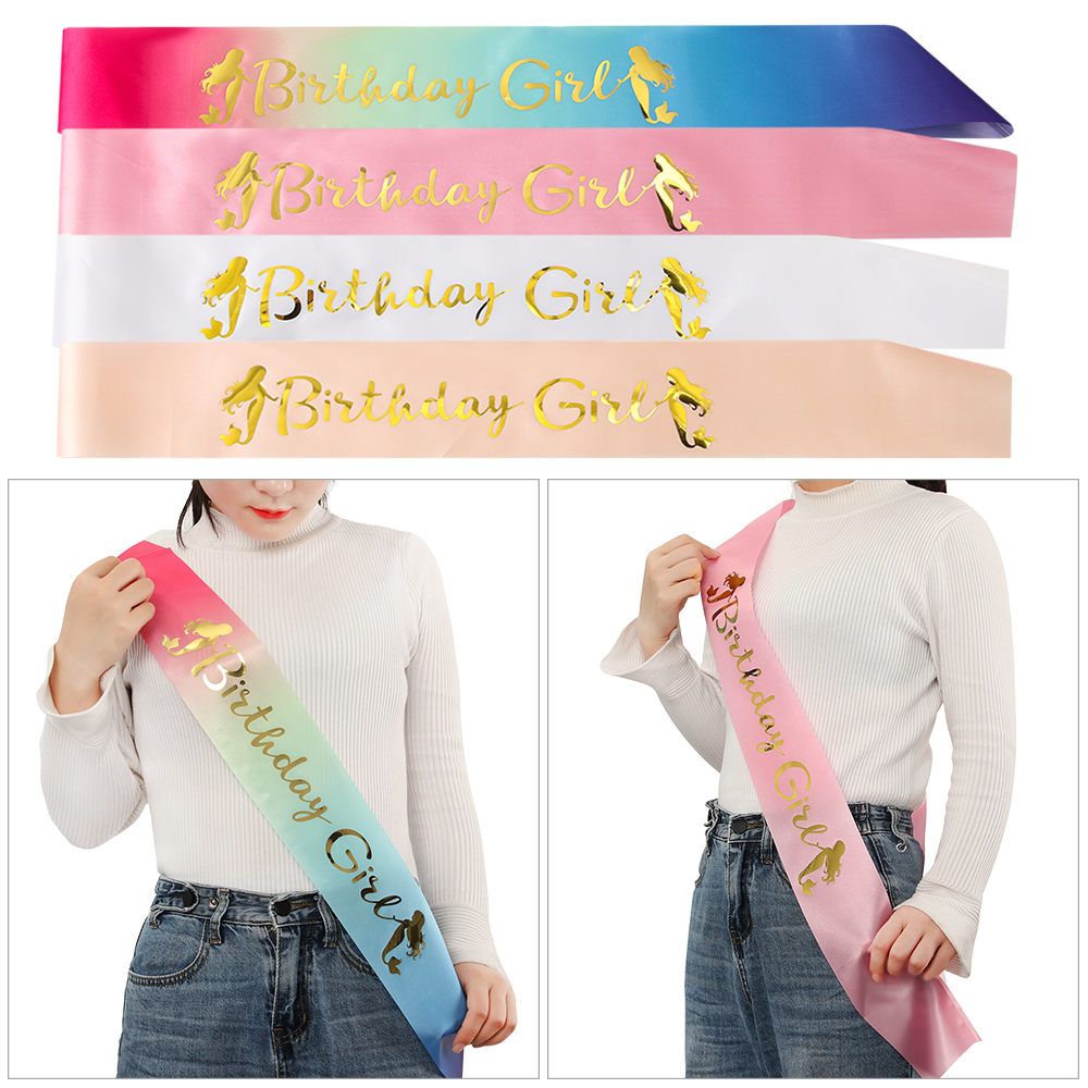 LINNANZHUBING 1PC Multicolor Glitter Ribbons Happy Birthday Birthday Girl Mermaid Shoulder Girdle Satin Sash