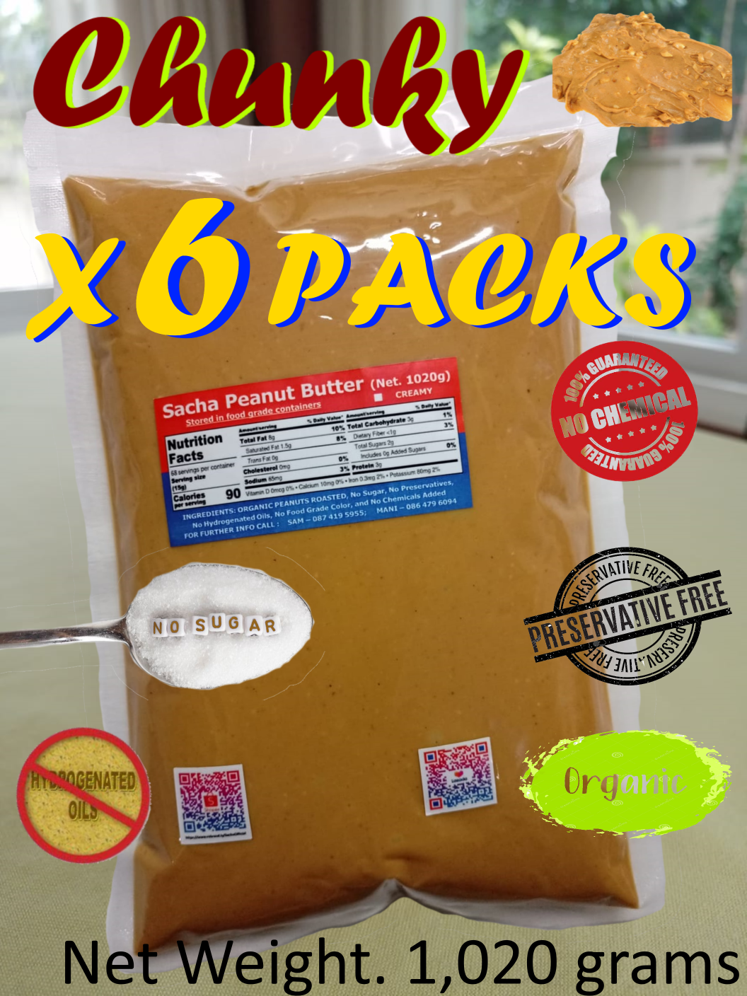 Sacha Peanut Butter (Chunky x 6 Packs) All Natural Organic (1,020 grams x 6 แพ็ค) - Free Delivery, ซาช่า-เนยถั่ว (ส่งฟรี)