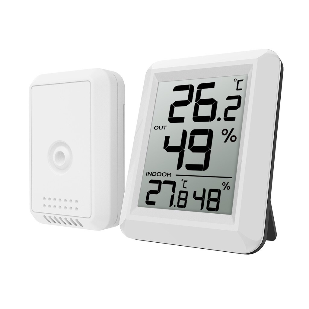 เครื่องวัดอุณหภูมิและความชื้นภายในและภายนอกบ้านแบบดิจิตอล  Indoor Outdoor Digital Thermometer Hygrometer, Temperature Humidity Monitor, 1 Wireless Sensor, LCD Screen, ℃/℉ Switch for Home,Office,etc (สีขาว)