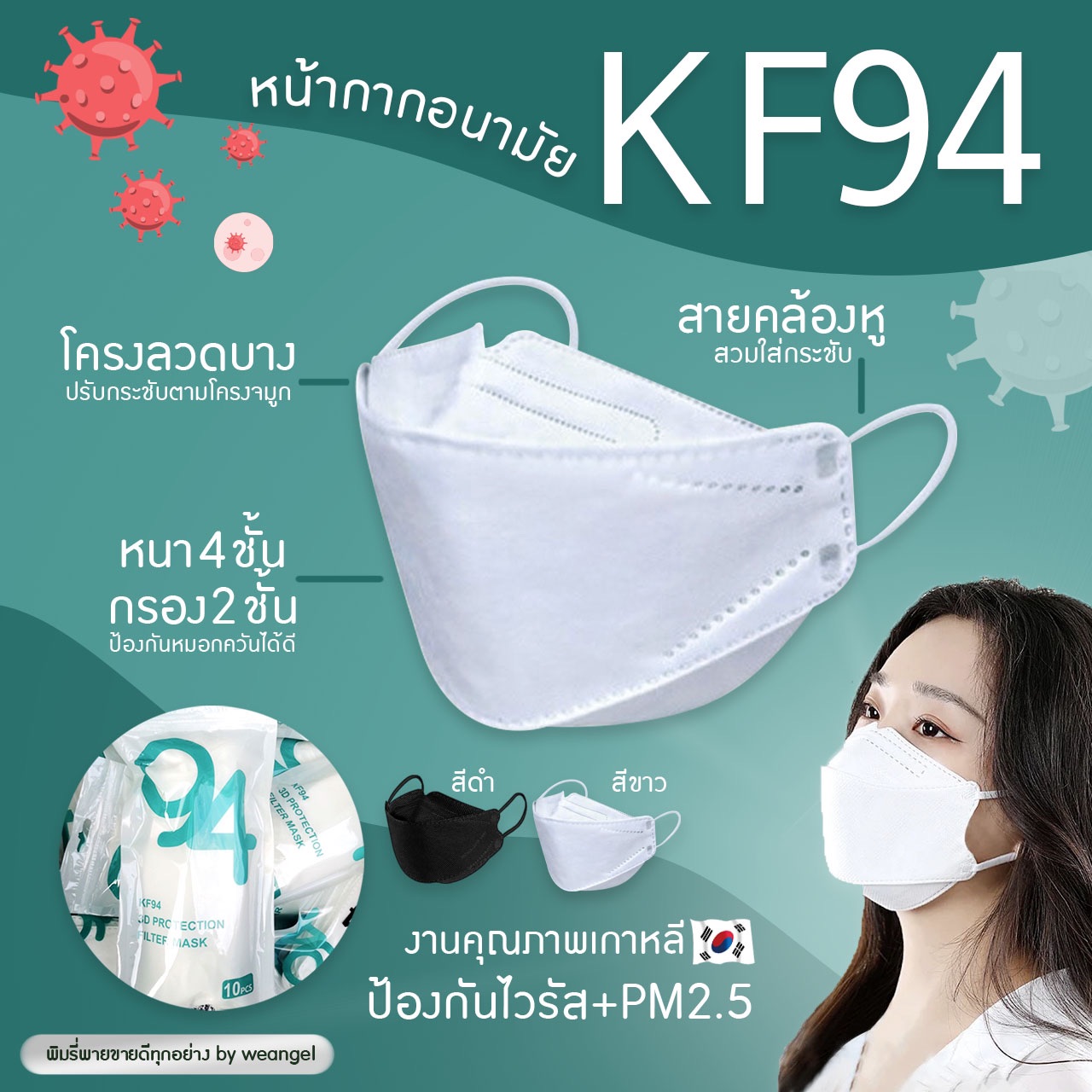 หน้ากากอนามัย KF94 KN95 ผู้ใหญ่ เด็ก สีขาว ดำ 1 แพ็ค (10ชิ้น) พร้อมส่ง