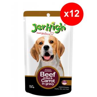 Jerhigh Pouch Beef and Carrot เจอร์ไฮ เพาช์ อาหารเปียก รสเนื้อวัวย่างและแครอทในน้ำเกรวี่ ขนาด 120กรัม จำนวน 12 ซอง