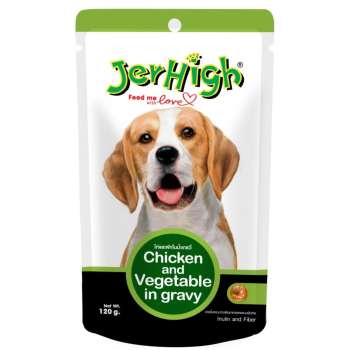   Jerhigh Pouch Chicken and Vegetable เจอร์ไฮ เพาช์ อาหารเปียก รสไก่และผักในน้ำเกรวี่ ขนาด 120กรัม จำนวน 6 ซอง รีวิว