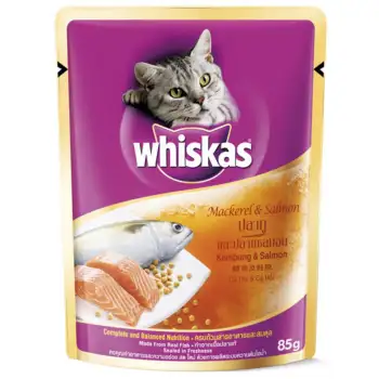 โปรโมชั่น Whiskas Pouch Mackerel & Salmon อาหารแมวชนิดเปียก สูตรปลาทูและปลาแซลมอน่ 85 กรัม 48 ซอง รีวิว