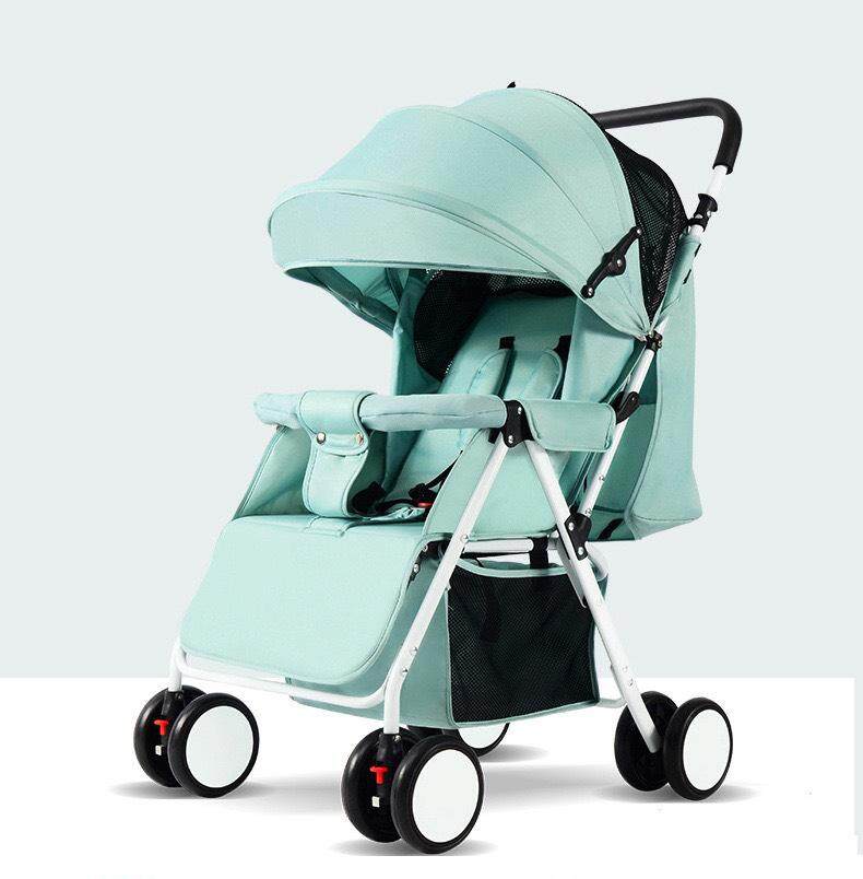 [สีเขียวอ่อน] - รถเข็นเด็กทารกสามารถพับเก็บได้นั่งได้เท่านั้นน้ำหนักเบามีมุ้งแถมให้ในตัวและกันแดดที่ปรับได้ถึง3ระดับ รถสี่หล้อสำหรับเด็กทารกแรกเกิด