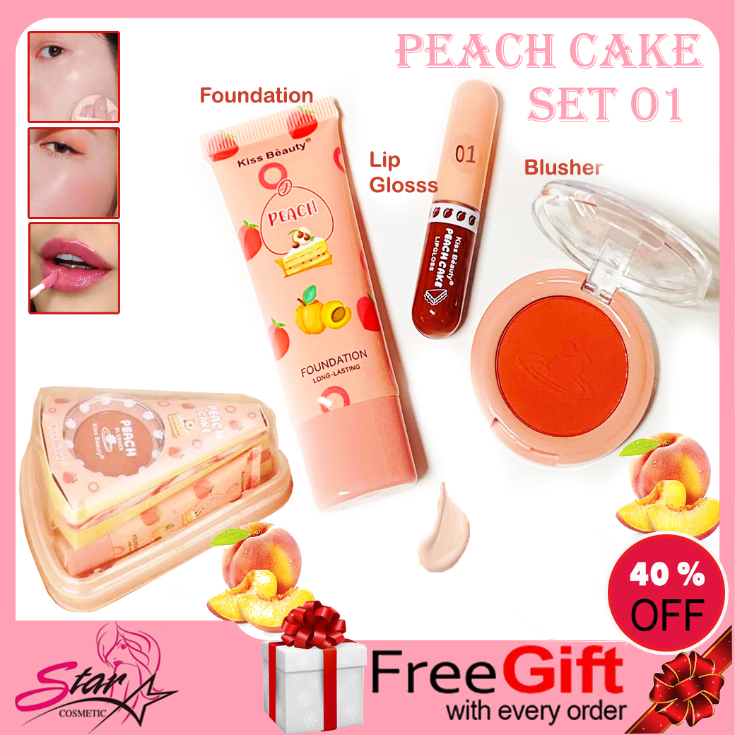 Kiss beauty Peach Cake  SET 3 in 1 Blusher  Foundation Lip Gloss