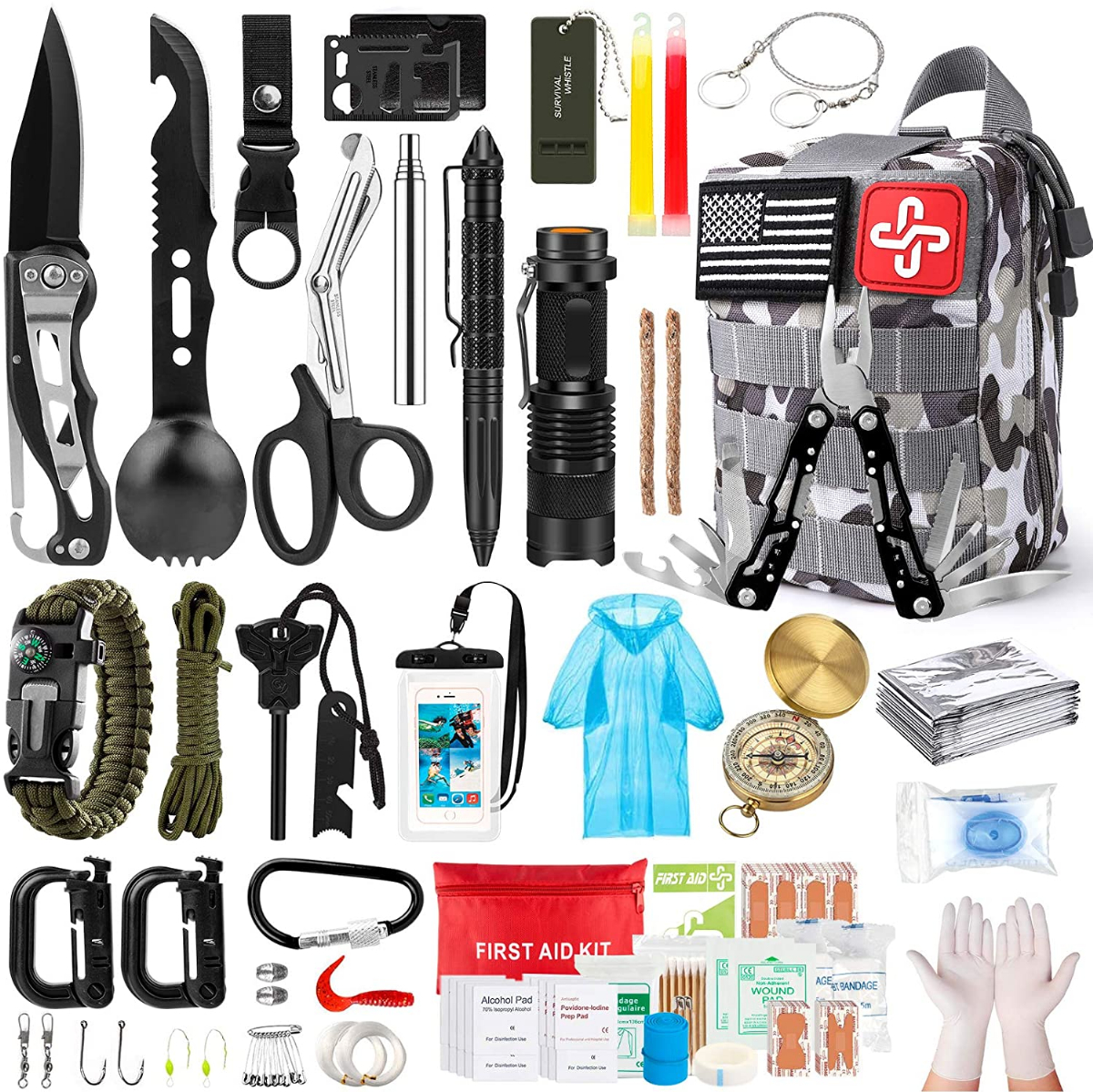 ANJIME Survival Kit, 220Pcs Emergency Survival Gear First Aid Kit Molle